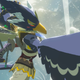 Revali, Breath of the Wild's bird-man champion looks back at the camera as he takes flight.